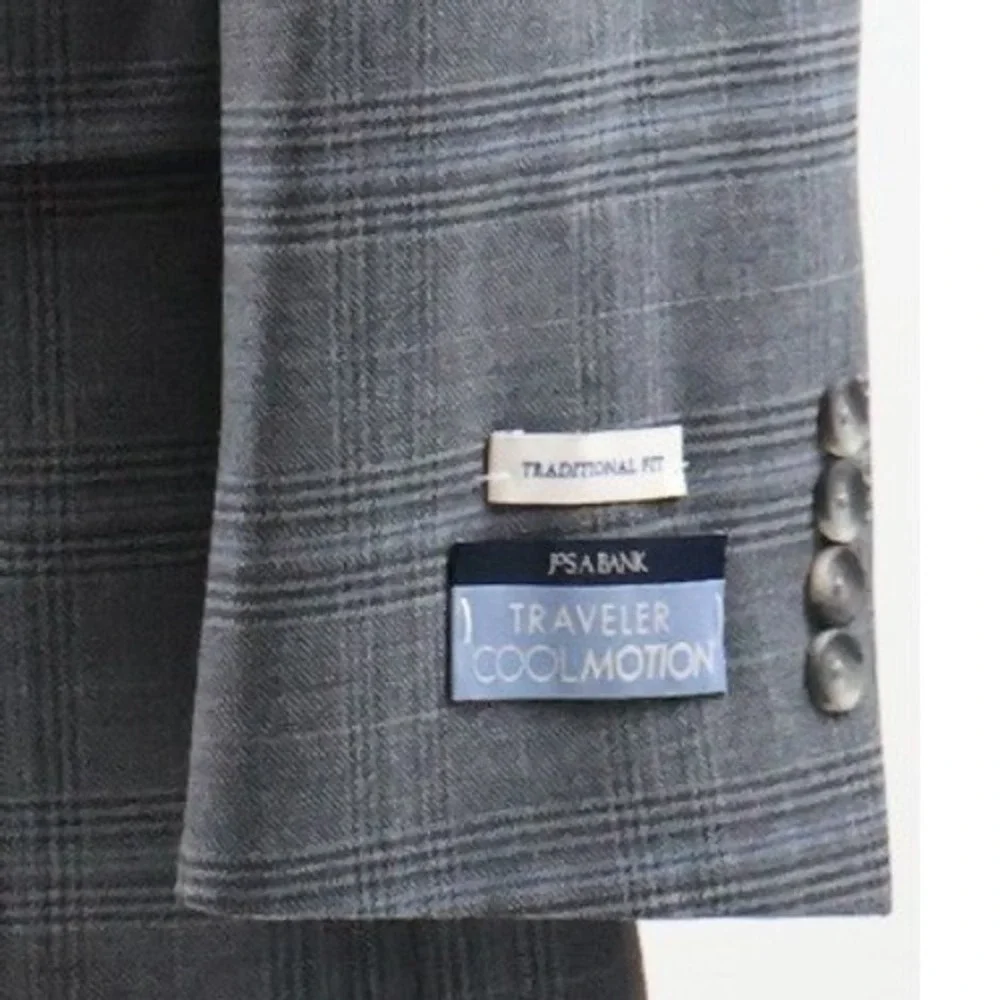 Jos A Bank Blazer Traveler Coolmotion Grey Glen Plaid 46R Wool Blend NWT 498